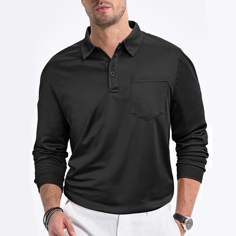 New Hot-selling Fashion Trend Men's Casual Loose Button Placket Solid Color Long Sleeve Mesh Fabric Polo Shirt with Collar