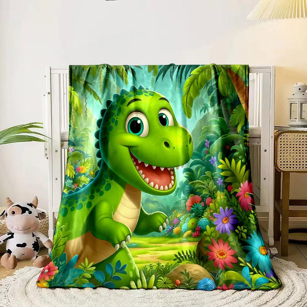 "Cartoon Green Dinosaur in Tropical Jungle" print blanket soft and cozy perfect for the living room bed sofa or a nap,gift