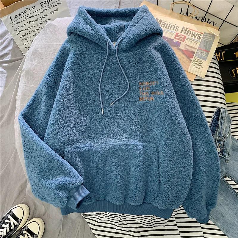 New Autumn Winter Women Sweatshirt Hooded Letter Embroidery Loose Pocket Hoodies Fleece Flannel Pullover 2025
