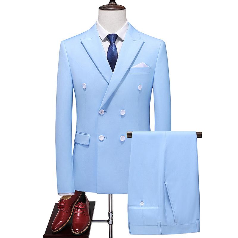 Fashion Men's Business Double Breasted Solid Color Suit Coat / Male Slim Wedding 2 Pieces Blazers Jacket Pants Trousers