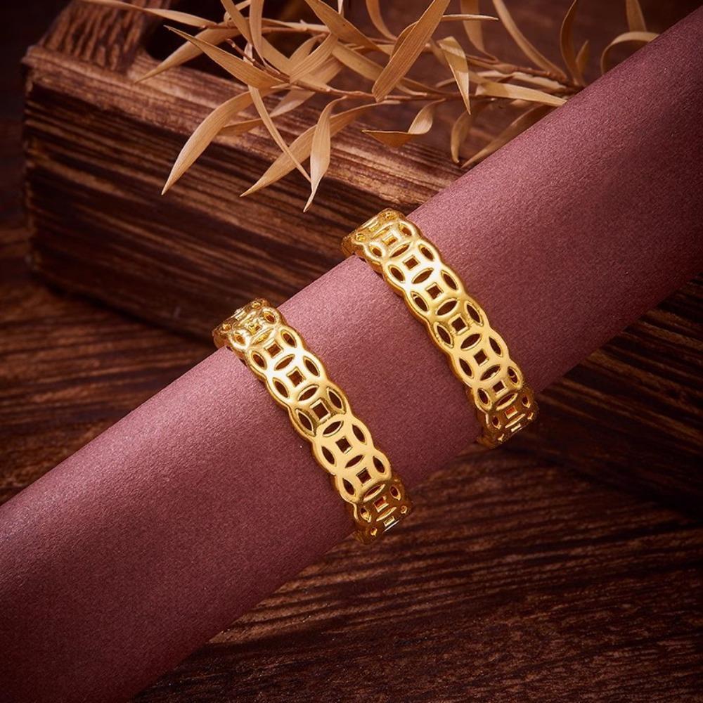 Chinese Style Hollow Coin Rings for Women Couples Simple Gold Plated Money Rings for Wealth and Luck