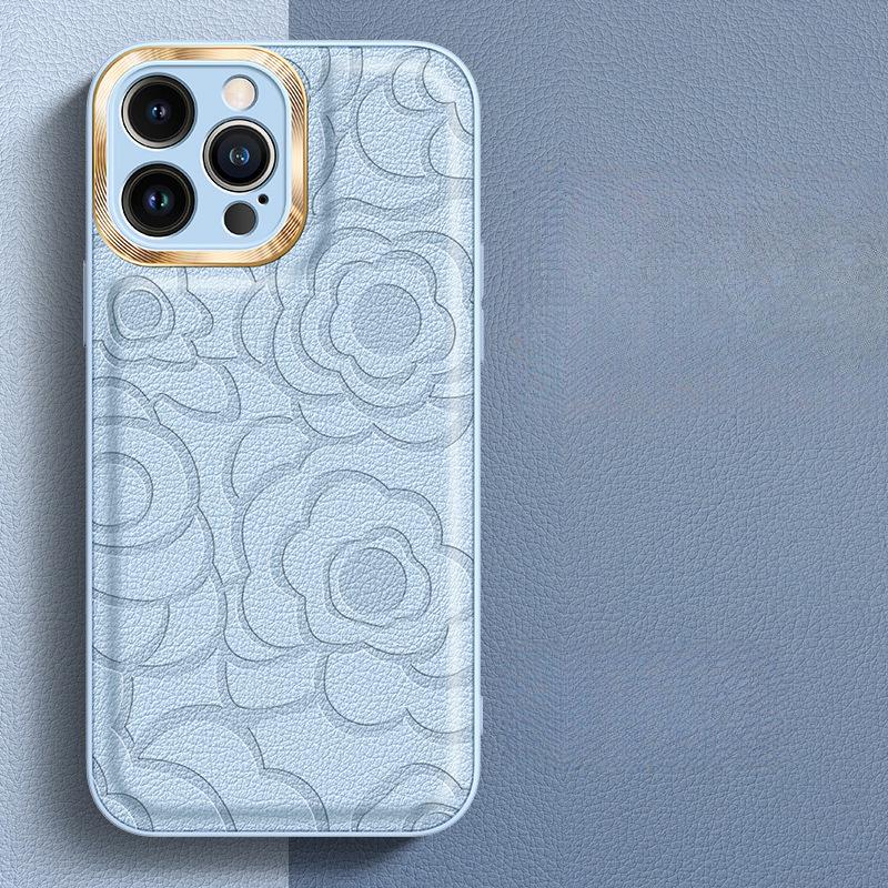 Advanced Sense Applicable To IPhone16ProMax Mobile Phone Case Camellia Leather Pattern Apple 15 Hardware Ring Protective Case 13