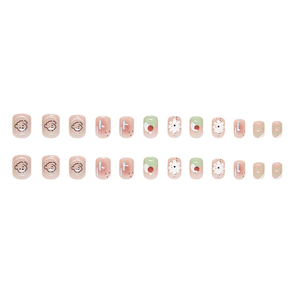 24PCS Blush Fake Nails with Flower Printed Reusable Long Lasting Press on Nails for Working Dating or Partying