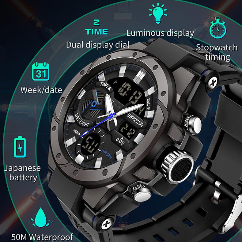SANDA модные многофункциональные уличные водонепроницаемые электронные часы в стиле милитари с подсветкой