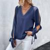 Fashionable and Casual Temperament Autumn Long-sleeved Blouse Solid Color V-neck Hollow Out Shirt Women