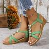 Женская обувь 2025 Лето Эластичная лента Женские сандалии Уличные Женские Повседневные Бусины на шнурке Круглый носок Большой размер Платформа Клиновидный сандалий