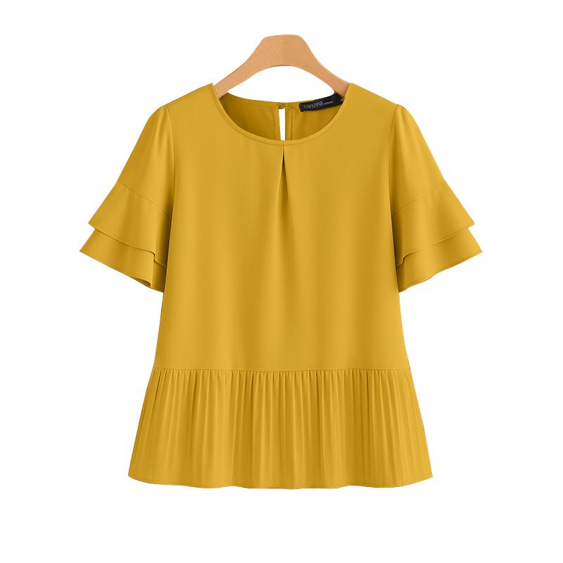 ZANZEA Женская повседневная однотонная блузка с круглым вырезом и коротким рукавом