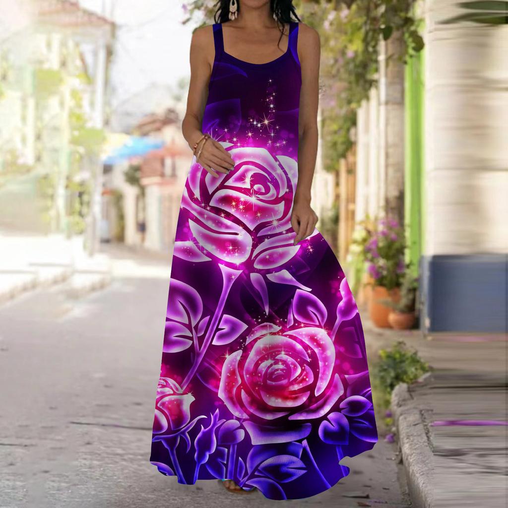Женское платье-комбинация, длинное платье с принтом «Золотая роза», весна и лето, отдых, отпуск