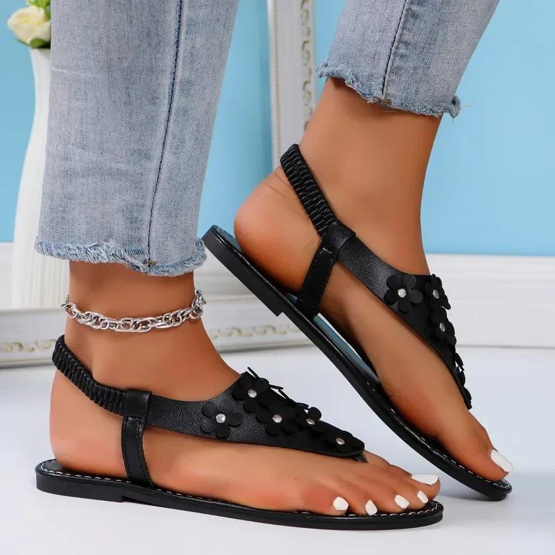 2024 Летняя высококачественная женская обувь Модные женские сандалии с блестками и цветочным декором Цветные блоки Большие размеры женской обуви