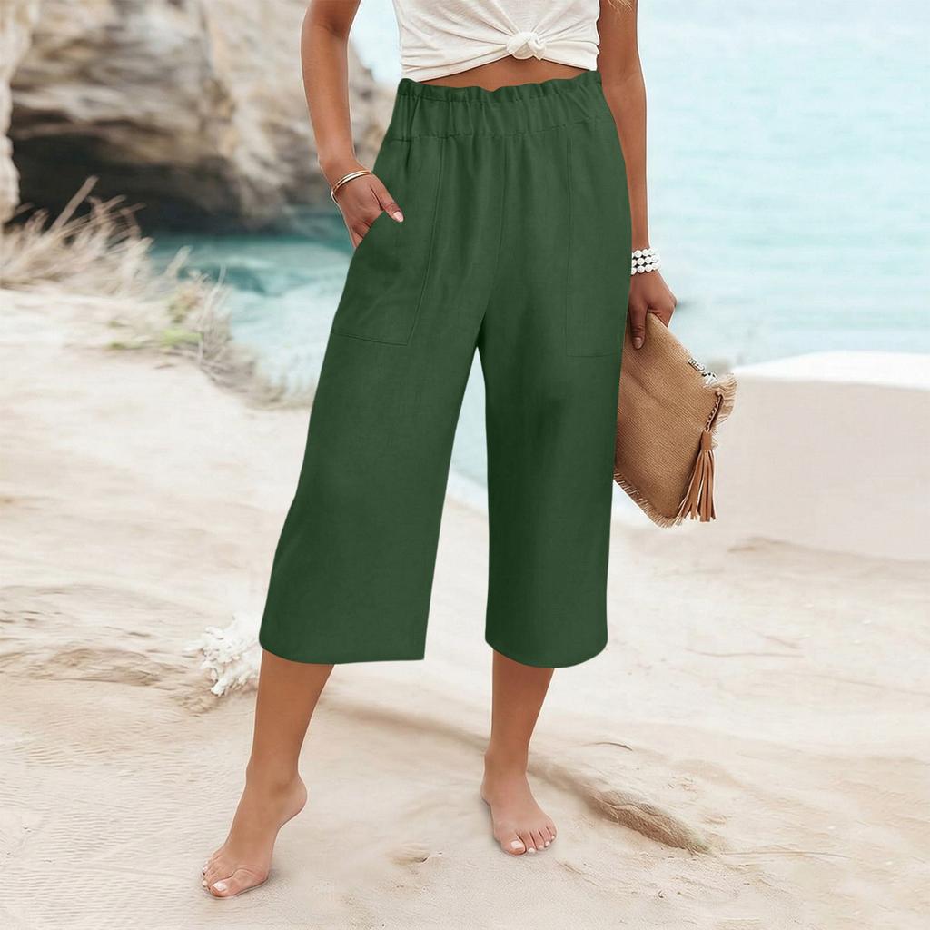 Womens Baggy Cotton Linen Pants Elastic Waist Casual Loose Summer Beach Vacation Pants