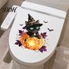 Waterproof Ceramic Tile Stickers Halloween Black Cat Witch Toilet Decals, Self-Adhesive Bat Cover Decorative PVC Bathroom Art Seat Stickers,