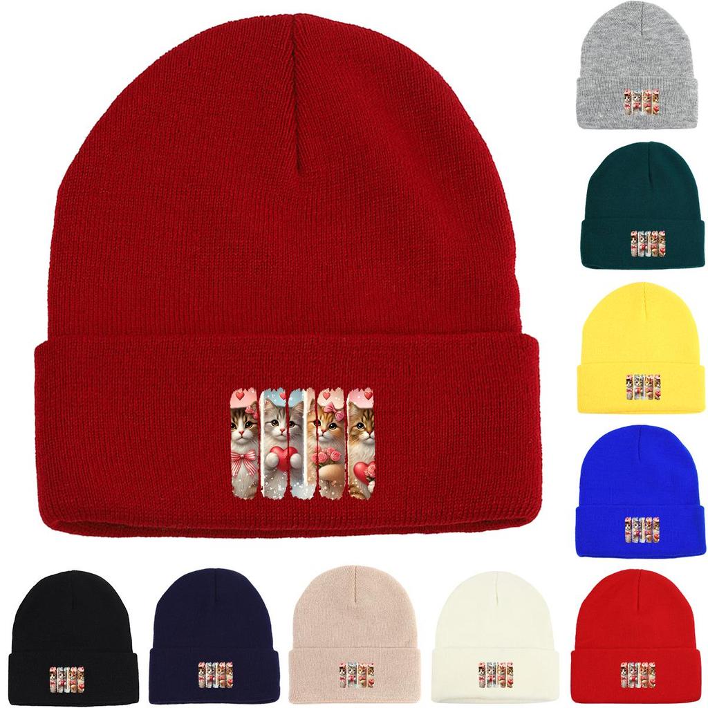 Шапка-бини вязаная зимняя с кошачьим сердцем, шапка-бини с черепом животного, эластичная однотонная шапка-боннет, вязаная шапка-бини