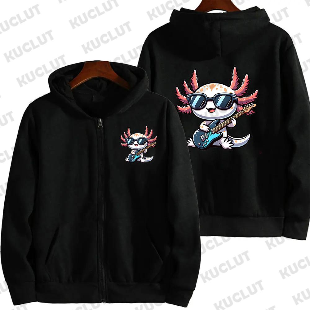 Women Zip Up Hoodies Axolotl Eating Ramen Print Hoodies Long Sleeve Hooded Sweatshirt Harajuku Streetwear Lazy Style Jacket Coat