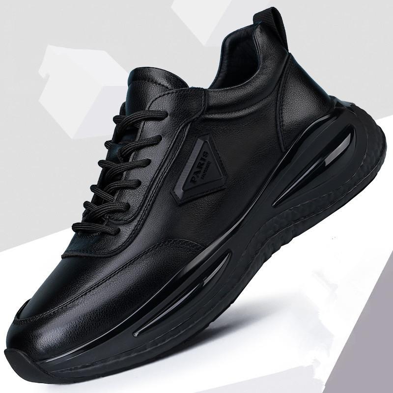 Men's Summer Breathable Soft Leather Sport Casual Work Oes Thi Bot All Bla Comfortable Slip-On Round Toe Oes