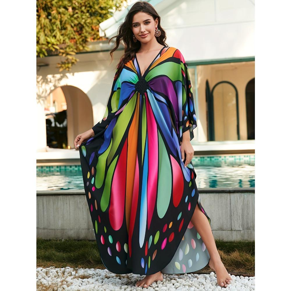 Женское накидка в стиле бохо, большие размеры, красочный принт бабочки, тканый дизайн, V-образный вырез, свободное пляжное платье-кафтан