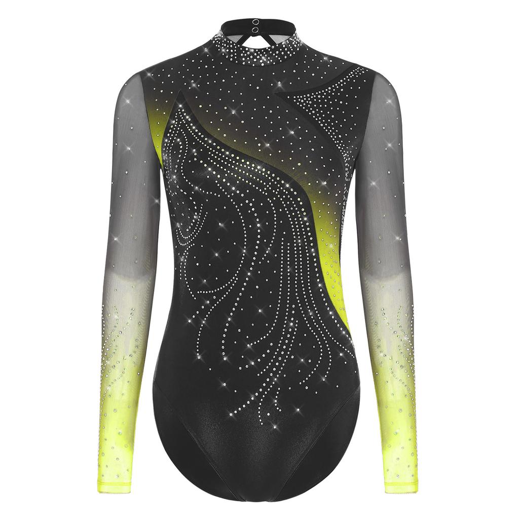 Женский купальник для фигурного катания со стразами, с длинным рукавом, с вырезами, боди для балетных и гимнастических тренировок