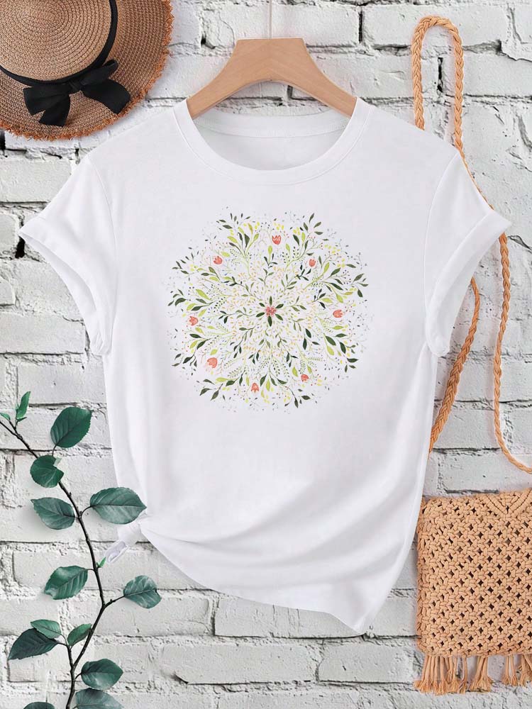 Floral Mandala Print Women Fashion T Shirt Summer Short Sleeves O Neck Y2K Tops Tee Female 90s Casual Clothing
