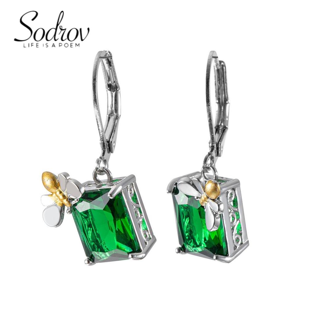 SODROV Креативные серьги с изумрудом, цирконом и пчелой