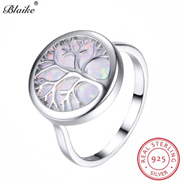 Кольца Blaike Vivid Life Tree с белым/голубым огненным опалом для женщин и мужчин, кольцо из стерлингового серебра 925 пробы, ювелирные украшения, радужный камень, подарки