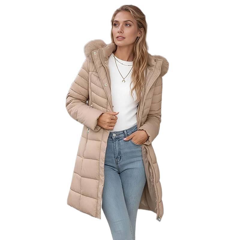fur collar hooded medium and long cotton clothes women's winter slim and thin waist thickened warm commuting versatile knee cotton-padded clothes