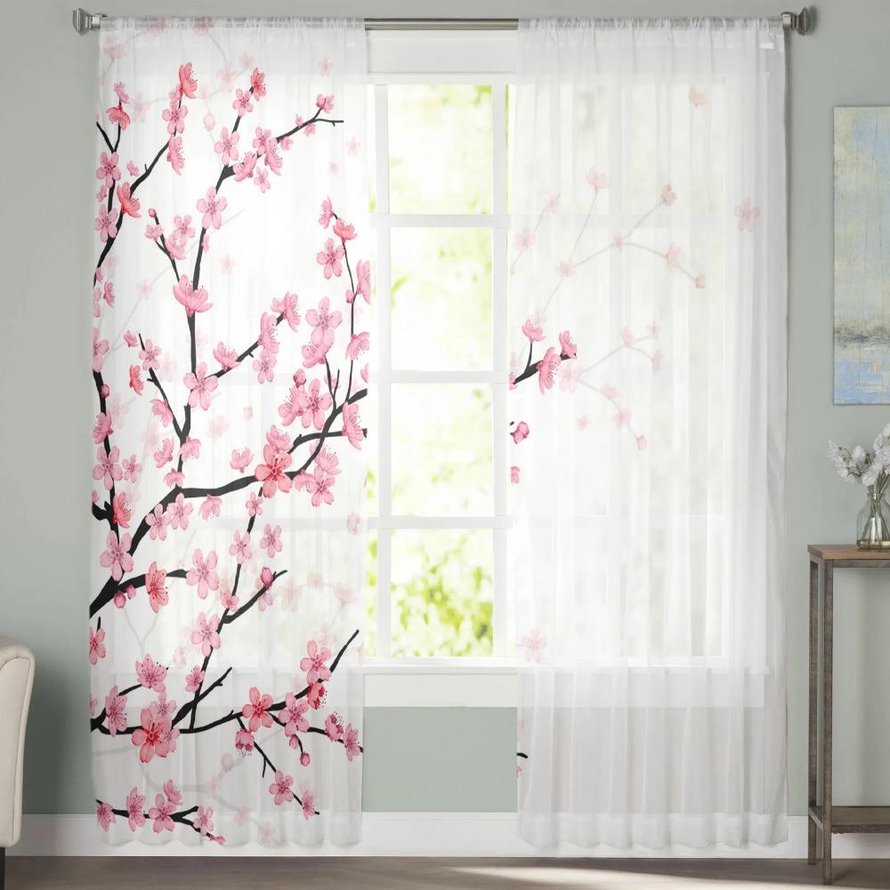 Spring Cherry Blossom Tulle Drapes for Living Room Bedroom Decoration Modern Chiffon Translucent Voile Kitchen Area Window Opening Curtain