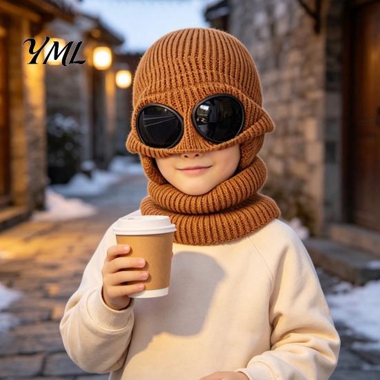 Boys Girls Thermal Winter Accessories 1 Set Knit Hat Neck Warmer for Kids, Earflap with Goggles, Playful Goggle Decor Kids Fleece Lined Aviator
