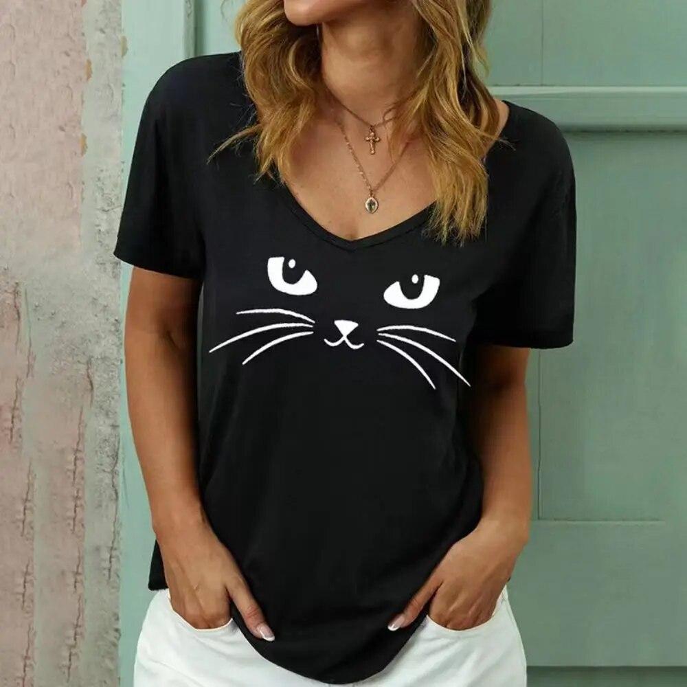 Fashion Woman Blouses T-shirt Women's 3d Cats Print Black Kawaii V-neck T Shirt Female Clothing Oversized Summer Tops Tees
