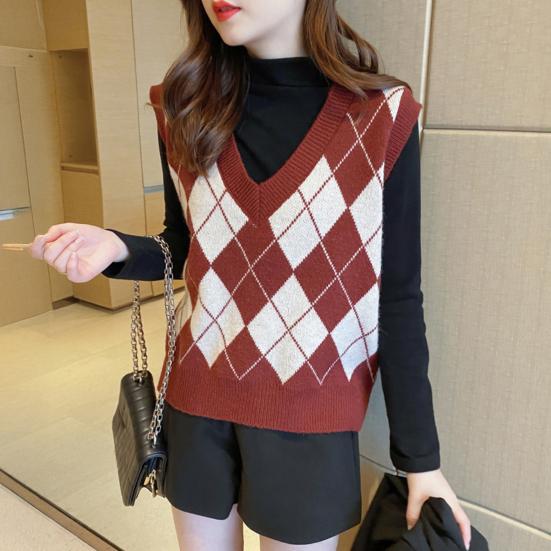 Женский вязаный жилет с ромбовидным узором, свободный, с V-образным вырезом, без рукавов, пуловер, майка, повседневный школьный свитер-топ