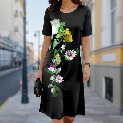 Женское повседневное платье Летние платья с принтом цветов сбоку для женщин Платье с коротким рукавом и круглым вырезом Плюс Размер