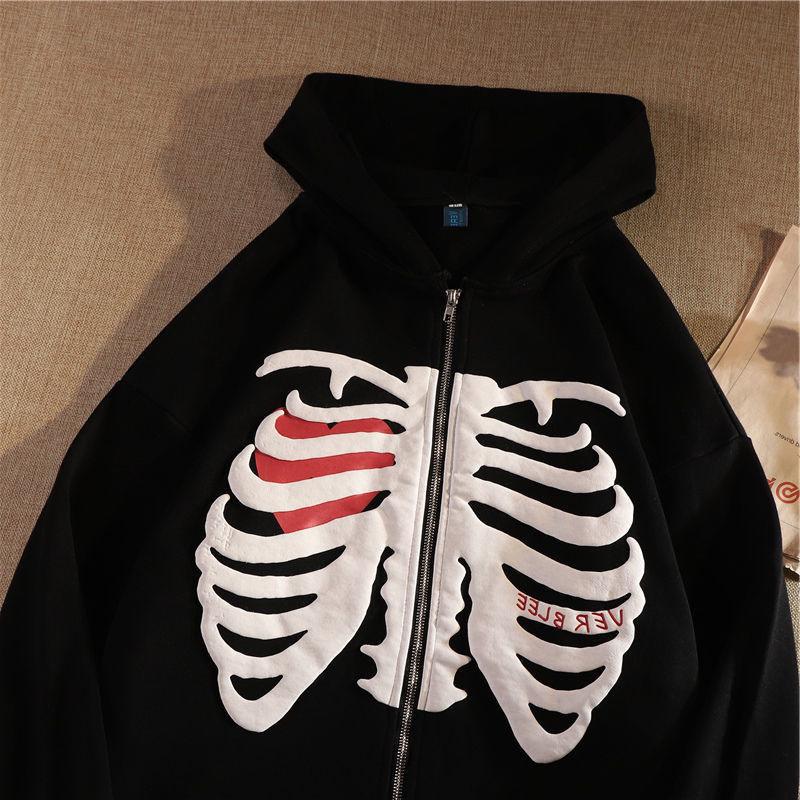 Women's Skull Print Hooded Cardigan - 3D Zipper, Long Sleeve, Autumn/Winter Trend