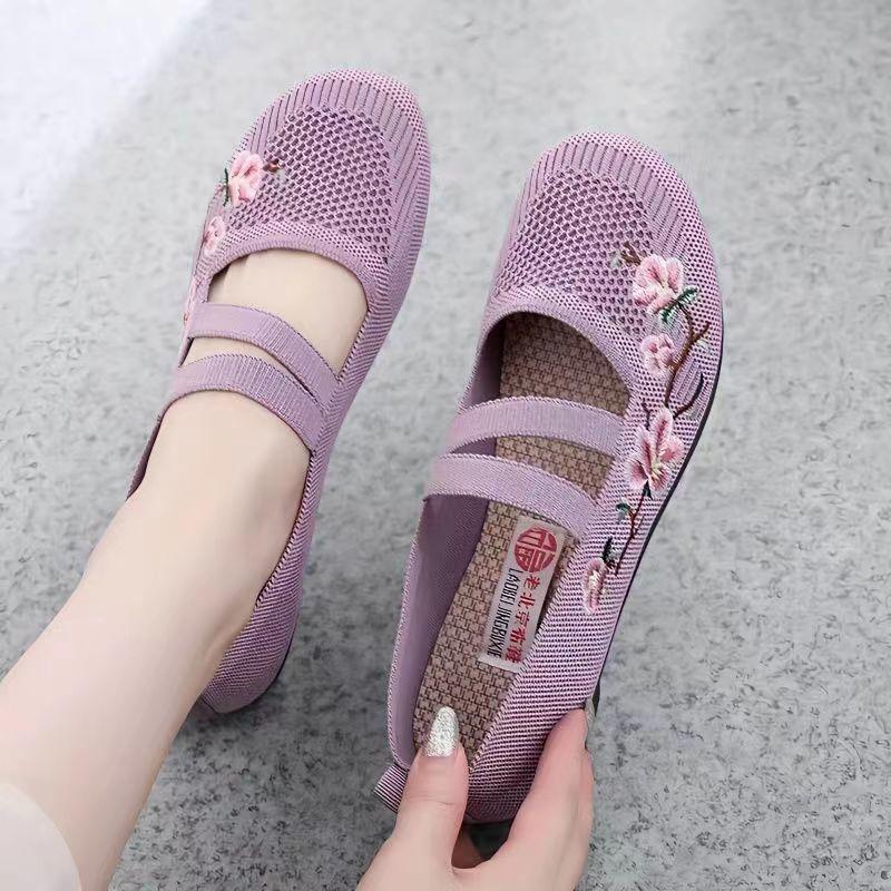 Purple Emboridery Flower Mary Janes Shoes for Women Comfy Summer Mesh Loafers Ladies Casual Ballet Flats Mom Gift Shoes