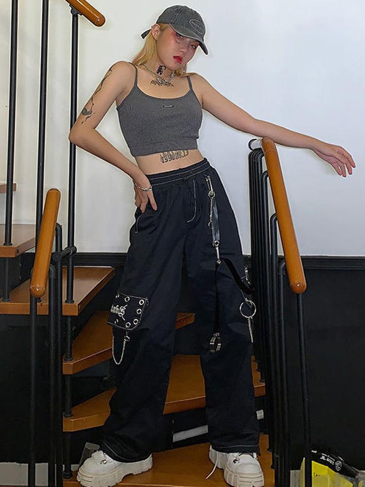 Черные брюки-карго в стиле Харадзюку, женские брюки-карго в готическом стиле с цепочкой, белые широкие брюки, женские хиппи, уличный стиль, эмо-торговый центр, гот
