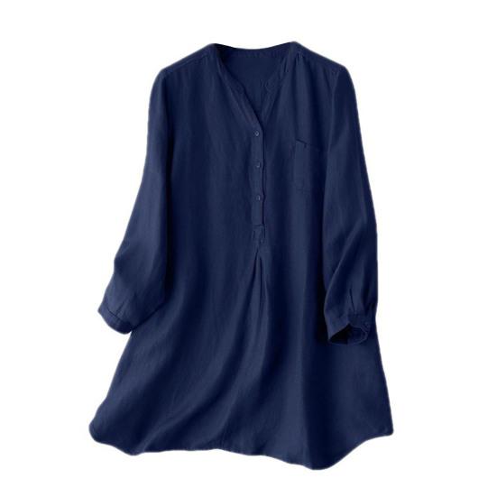 Женская рубашка с V-образным вырезом, пуговицами, полузастежкой, длинным рукавом, свободный крой, повседневная рубашка, однотонная рубашка средней длины