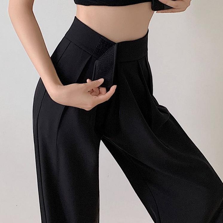 Новые летние черные широкие брюки для женщин с высокой талией, свободные повседневные брюки в пол, повседневные прямые брюки