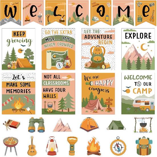 Outus 28 Pcs Camping Welcome Bulletin Board Posters Decor Set Motivational Theme Classroom Decorations pirational Quotes Paper Cutouts for Back to
