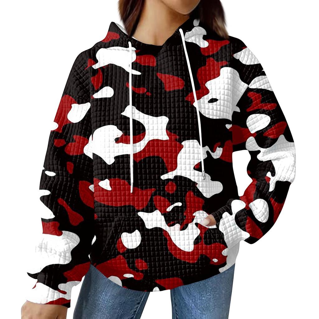 Women's Fashionable Loose Fitting Hooded Pullover, Long Sleeved Sportswear, Camouflage Printed Top, Daily Hoodie