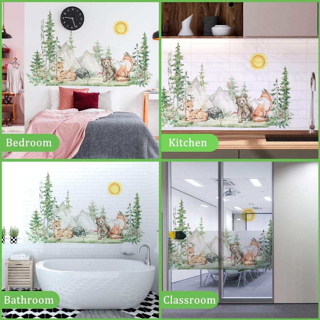3Pcs Woodland Wall Decals DIY Large Pine Tree Forest Animal Bear Fox Peel & Stick Wall Art Sticker for Kid's Room Bedroom Decor