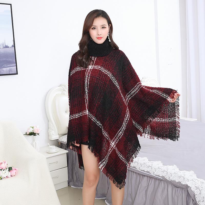 European and American High Neck Plaid Cape - Batwing Sleeve Knitted Pullover Shawl for Women