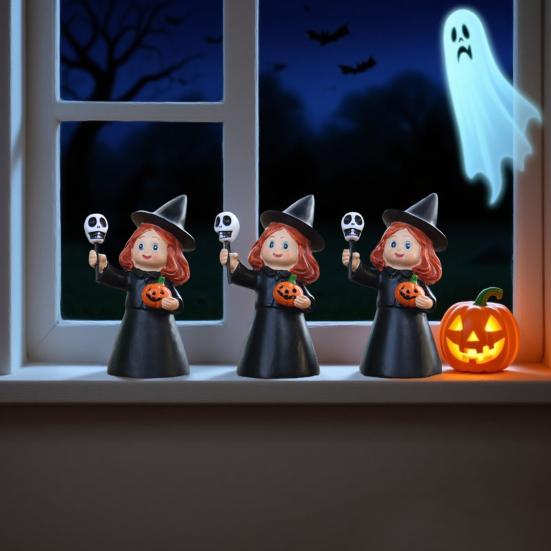 3Pcs Halloween Witch Figurine Holding Skull Pumpkin Cartoon Witch Resin Statue Sculpture Home Office Holiday Party Decoration Ornament