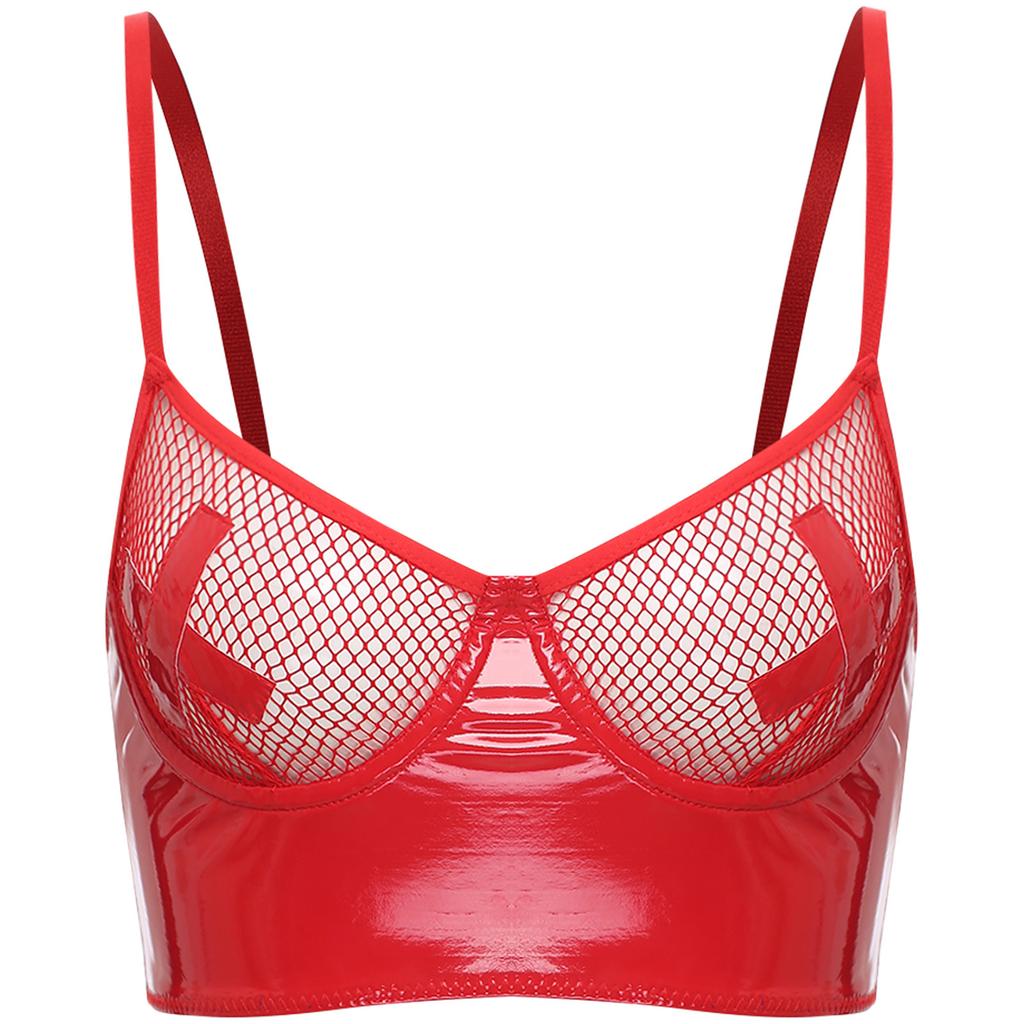 Womens Mesh Underwire Push Up Bra Balconette Bustier Wet Look Crop Top Back Zipper Lingerie