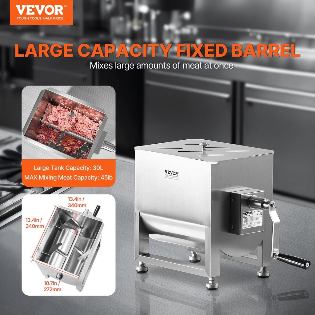 VEVOR Manual Meat Mixer, 60L Fixed Tank Meat Processing Equipment(Mixing Max 60LBS for Meat), Stainless Steel Meat Mixer