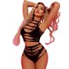 New Two Piece Striped Fishnet Lingerie Set Women's Sling Neck Backless Sexy Transparent Nightclub Catsuit Teddies Lingerie Bra and Thong Underwear Set