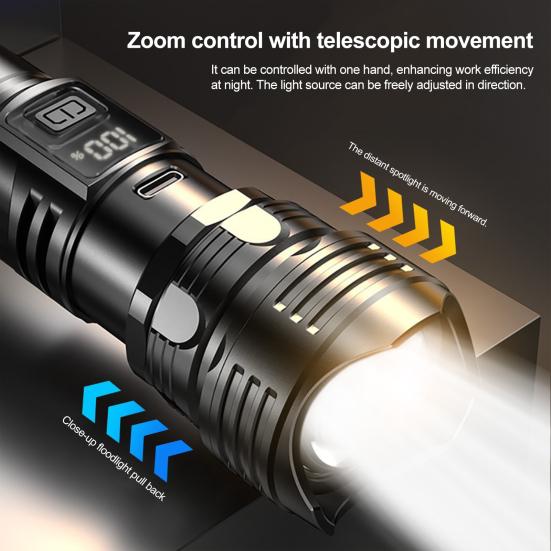 Rechargeable Zoomable Flashlight with Digital Power Display Waterproof LED Flashlight High Brightness Torch for Outdoor & Emergency Use