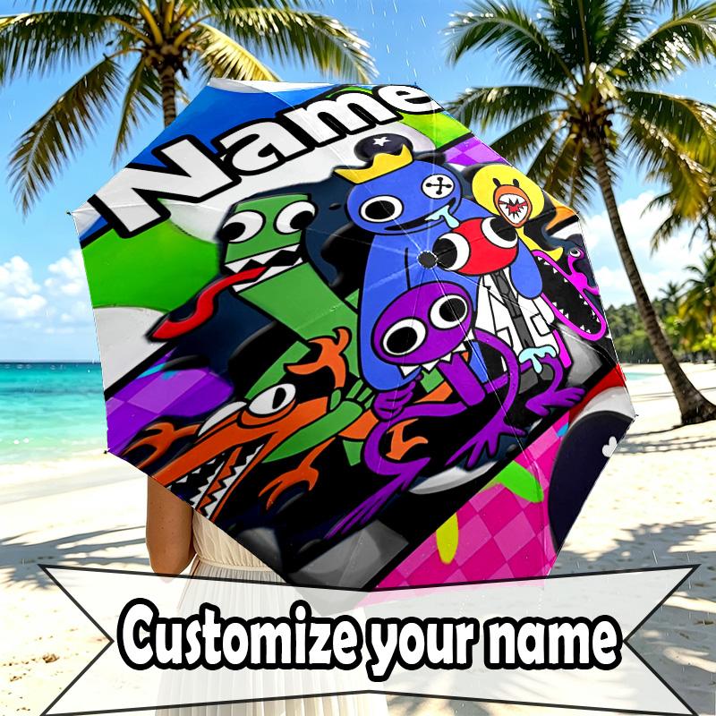 Custom Name Personalized Game Rainbow Friends Print Umbrella, Auto Open Close, 8‑Rib Sturdy Frame, Commute Camping Hiking Use, Birthday Gift