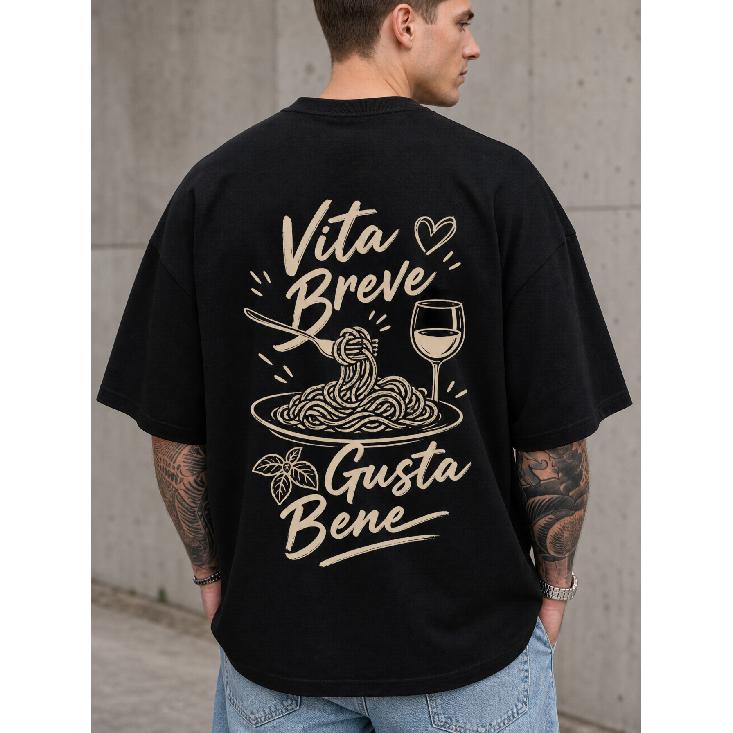 Men's black oversized short sleeve t-shirt with Italian pasta graphic, crew neck, soft cotton feel, casual streetwear for daily wear