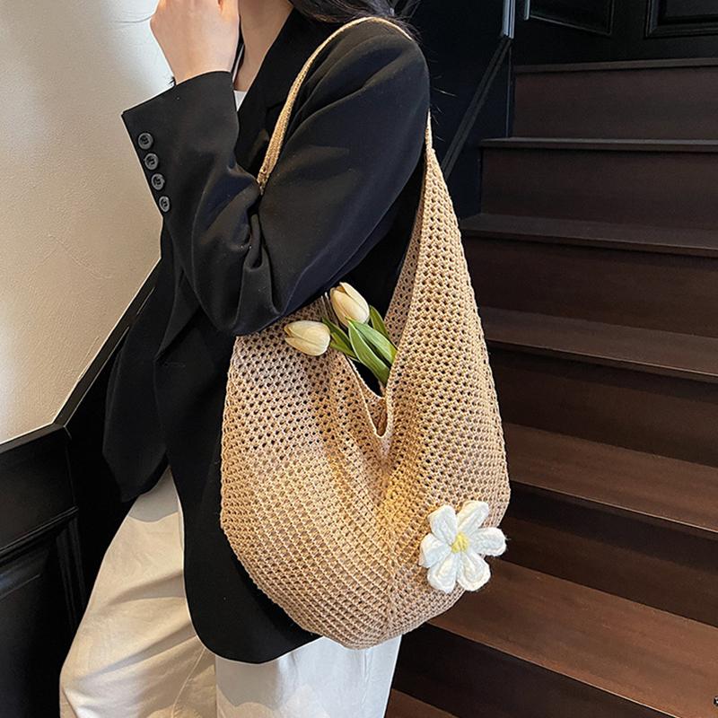 Women's Casual Hollow Out Wicker Woven Ladies Handmade Totes Bag Large Capacity Summer Beach Floral Decor Female's Shoulder Bag