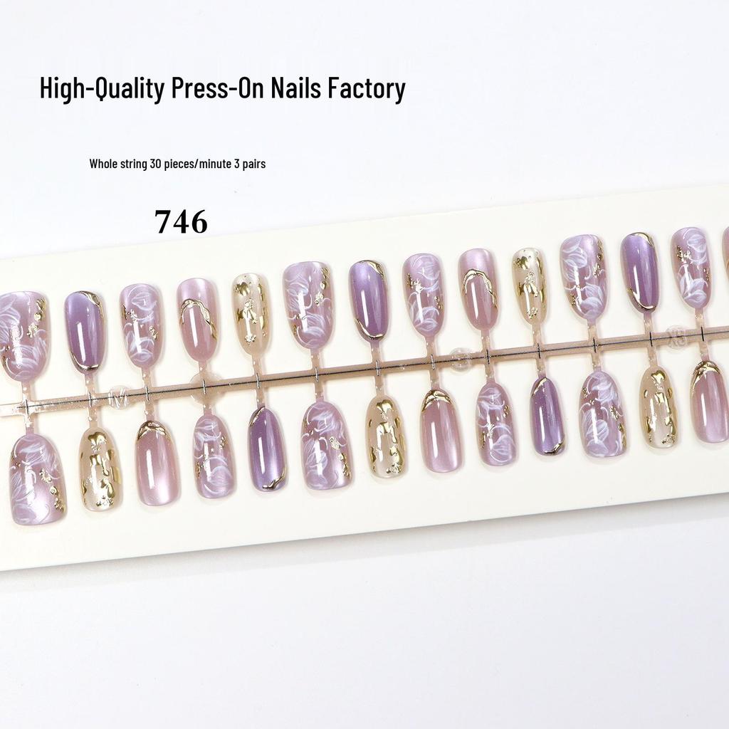 Gilded Purple French Cat Eye Press-On Nails - Translucent Petal Style Manicure Tips