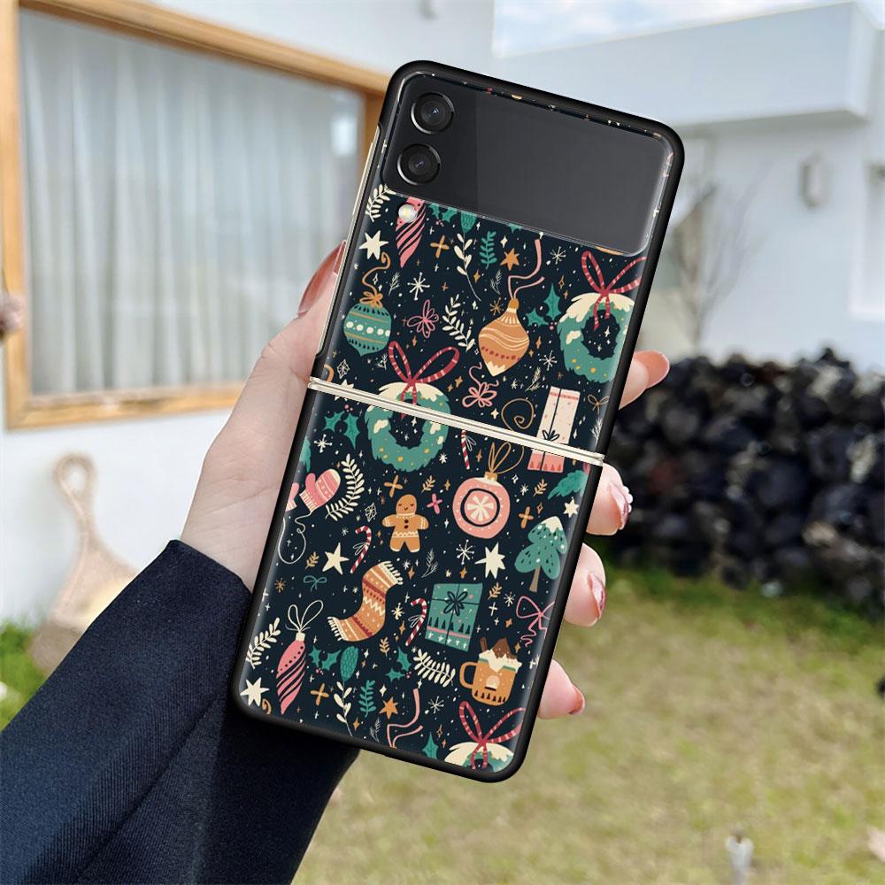 Снежный рождественский чехол для Samsung Galaxy Z Flip 3 4 5G черный жесткий корпус для телефона из ПК Z Flip4 роскошный сегментированный чехол