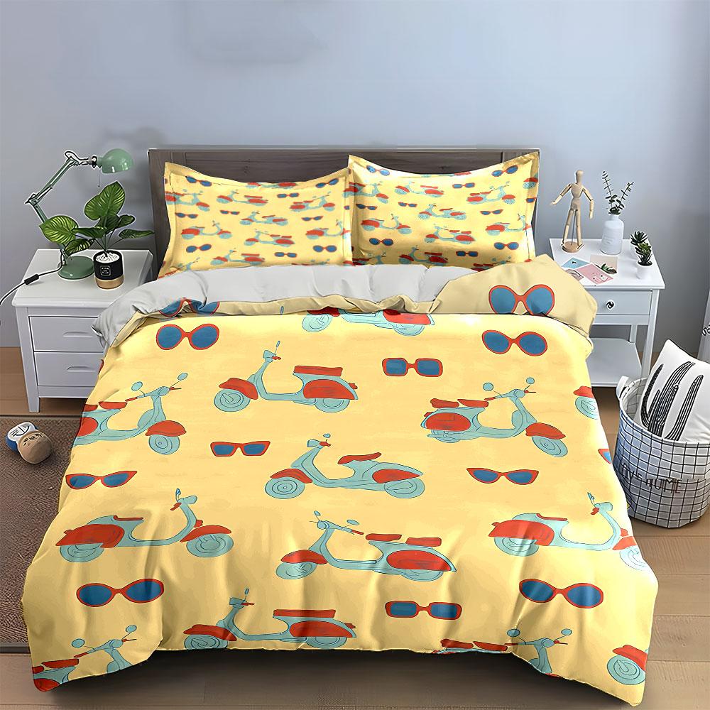 Retro Scooter and Sunglasses Pattern Bedding Duvet Cover Set Duvet Cover Pillowcases  (1*Duvet Cover 2*Pillowcases, without duvet insert)