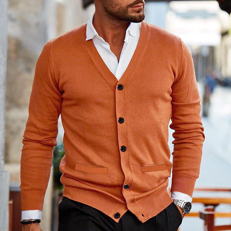Men Solid V Neck Cardigan Knitted Jumper Long Sleeve Button Up Warm Sweater Tops